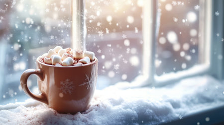 A steaming cup of hot cocoa with marshmallows, sitting on a snowy windowsill as snowflakes fall outside.の素材