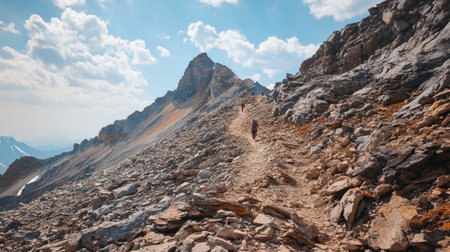 A steep mountain trail leading up a rocky ridge, with hikers making their way to the summit.の素材