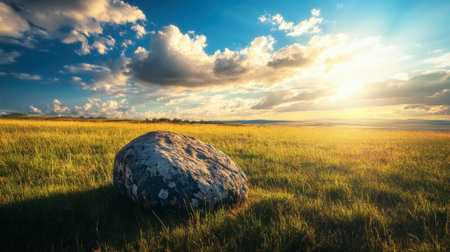 A striking boulder sitting alone in a grassy field, with a dramatic sky and sunlight casting long shadows.の素材