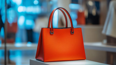 A stylish orange handbag displayed on a retail counter, with its sleek design and color catching the eye.の素材