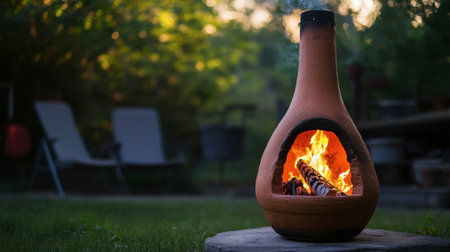 A terracotta chiminea burning brightly on a cool evening, with flames dancing inside the earthy-colored clay.の素材