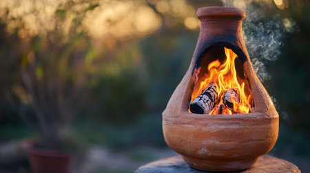 A terracotta chiminea burning brightly on a cool evening, with flames dancing inside the earthy-colored clay.の素材