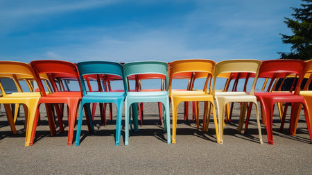 A stack of plastic chairs arranged in a row, ready for an outdoor event, with a sunny day and blue skies overhead.の素材