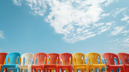 A stack of plastic chairs arranged in a row, ready for an outdoor event, with a sunny day and blue skies overhead.の素材