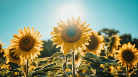 A sunflower field under a clear blue sky, with tall flowers turning their faces toward the sun.の素材