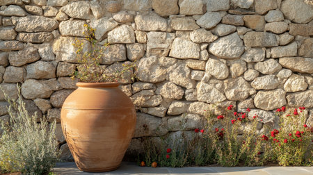 A terracotta amphora placed against a stone wall, with its classic shape and warm tones blending seamlessly into the Mediterranean setting.の素材