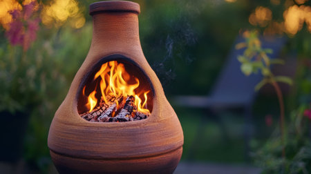 A terracotta chiminea burning brightly on a cool evening, with flames dancing inside the earthy-colored clay.の素材