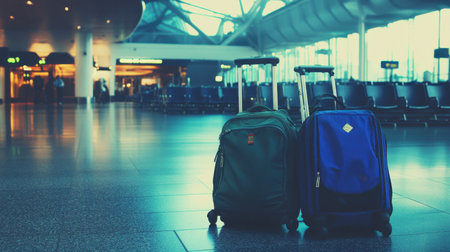 A suitcase and travel bag side by side at an airport, ready for the next adventure.の素材