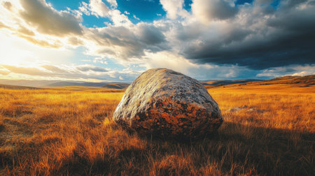 A striking boulder sitting alone in a grassy field, with a dramatic sky and sunlight casting long shadows.の素材