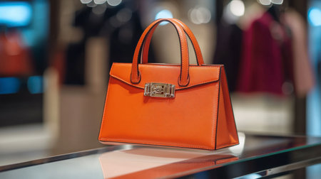 A stylish orange handbag displayed on a retail counter, with its sleek design and color catching the eye.の素材