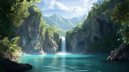 A tropical lagoon framed by towering cliffs, with a waterfall cascading into the still, emerald-green water.の素材