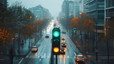 A traffic light turning green as cars begin to move through a modern urban setting.の素材