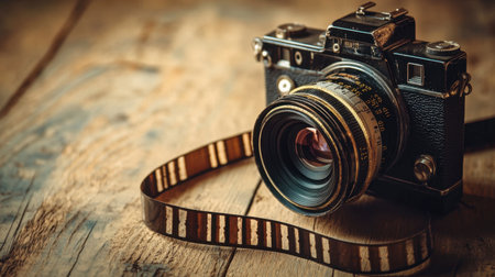 A vintage film camera on a wooden table, with a roll of film partially unwound beside it.の素材