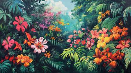 A vibrant jungle scene with exotic flowers blooming amid the dense foliage, showcasing a riot of color.の素材