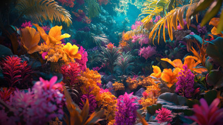 A vibrant jungle scene with exotic flowers blooming amid the dense foliage, showcasing a riot of color.の素材
