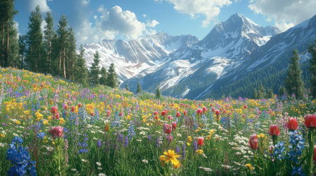 A tranquil scene of a mountain meadow filled with wildflowers, with snow-covered peaks visible in the distance.の素材