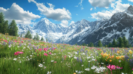 A tranquil scene of a mountain meadow filled with wildflowers, with snow-covered peaks visible in the distance.の素材