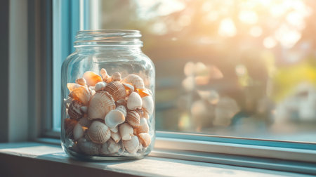 A vintage glass jar filled with seashells, sitting on a windowsill with sunlight streaming through.の素材