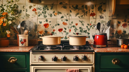 A vintage enamel stove in a retro-themed kitchen, with pots simmering on the burners and a kettle whistling.の素材