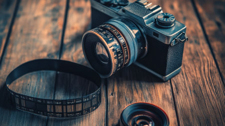 A vintage film camera on a wooden table, with a roll of film partially unwound beside it.の素材
