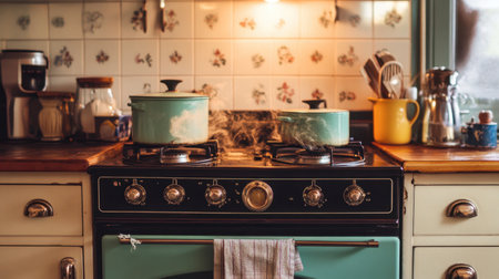 A vintage enamel stove in a retro-themed kitchen, with pots simmering on the burners and a kettle whistling.の素材
