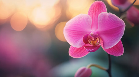 A vibrant pink orchid in full bloom, with its exotic shape standing out against a blurred background.の素材