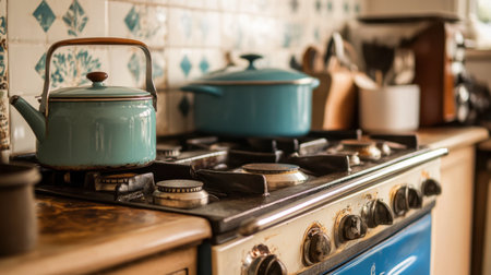 A vintage enamel stove in a retro-themed kitchen, with pots simmering on the burners and a kettle whistling.の素材