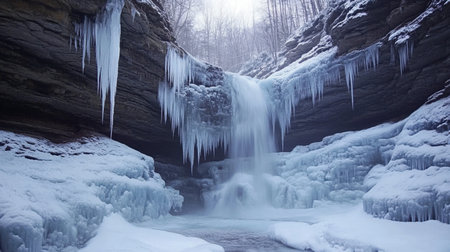 A waterfall in winter, partially frozen with icicles hanging from the rocks, creating a magical scene.の素材