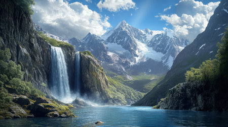 A waterfall in a remote mountain valley, with towering peaks and snow-capped mountains in the background.の素材