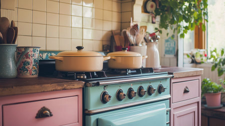 A vintage enamel stove in a retro-themed kitchen, with pots simmering on the burners and a kettle whistling.の素材