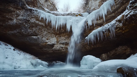 A waterfall in winter, partially frozen with icicles hanging from the rocks, creating a magical scene.の素材