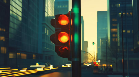 A traffic light turning green as cars begin to move through a modern urban setting.の素材