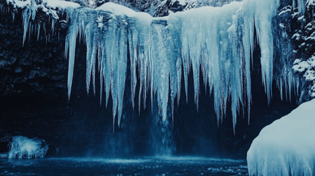 A waterfall in winter, partially frozen with icicles hanging from the rocks, creating a magical scene.の素材