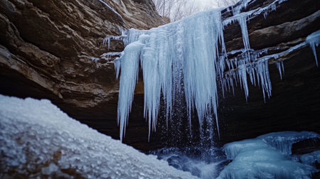 A waterfall in winter, partially frozen with icicles hanging from the rocks, creating a magical scene.の素材