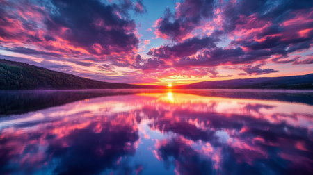 A vibrant sunset sky reflected in the calm waters of a lake, with the landscape perfectly mirrored.の素材