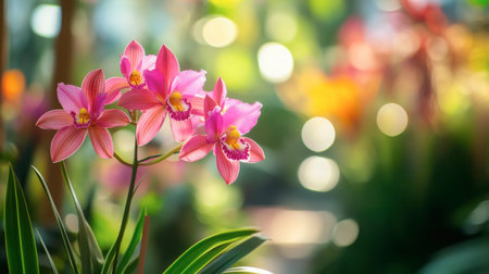 A vibrant pink orchid in full bloom, with its exotic shape standing out against a blurred background.の素材