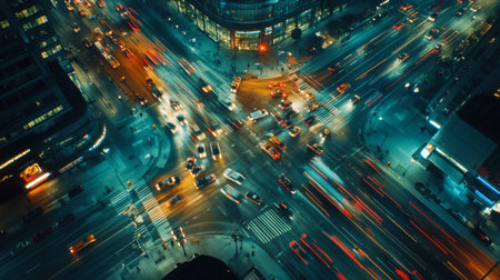 A wide-angle shot of a busy intersection with multiple traffic lights guiding the flow of vehicles.の素材