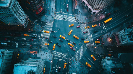 A wide-angle shot of a busy intersection with multiple traffic lights guiding the flow of vehicles.の素材