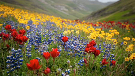 A wildflower field in full bloom, with vibrant red, yellow, and blue flowers spreading across the landscape.の素材