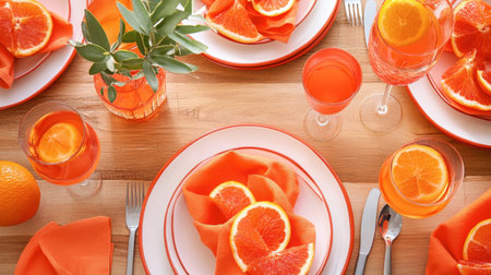 An orange-themed table setting for a party, with plates, napkins, and drinks all featuring bright orange hues.の素材
