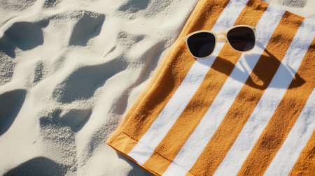 An orange and white striped beach towel spread out on the sand, with a pair of sunglasses and sunscreen nearby.の素材
