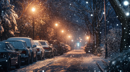 Snow gently falling on a row of parked cars, with the streetlights casting a warm glow on the snowy scene.の素材