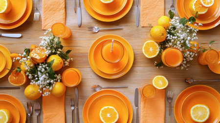 An orange-themed table setting for a party, with plates, napkins, and drinks all featuring bright orange hues.の素材
