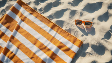 An orange and white striped beach towel spread out on the sand, with a pair of sunglasses and sunscreen nearby.の素材