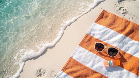 An orange and white striped beach towel spread out on the sand, with a pair of sunglasses and sunscreen nearby.の素材
