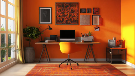 An orange-themed home office with a desk, chair, and decor elements in various shades of orange.の素材