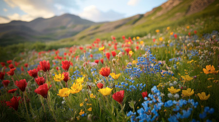 A wildflower field in full bloom, with vibrant red, yellow, and blue flowers spreading across the landscape.の素材