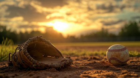 A baseball glove and ball on a diamond, with the sun setting in the background, casting a warm glow over the field and evoking a classic game scene.の素材