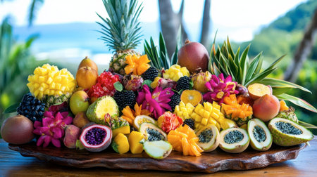 A beautifully arranged fruit salad on a wooden table, featuring an assortment of tropical fruits such as pineapple, papaya, and passion fruit, with a tropical backdrop.の素材