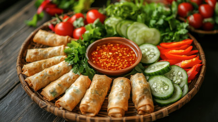 A beautifully arranged platter of Thai spring rolls, served with a sweet and tangy dipping sauce, with fresh herbs and vegetables on the side.の素材